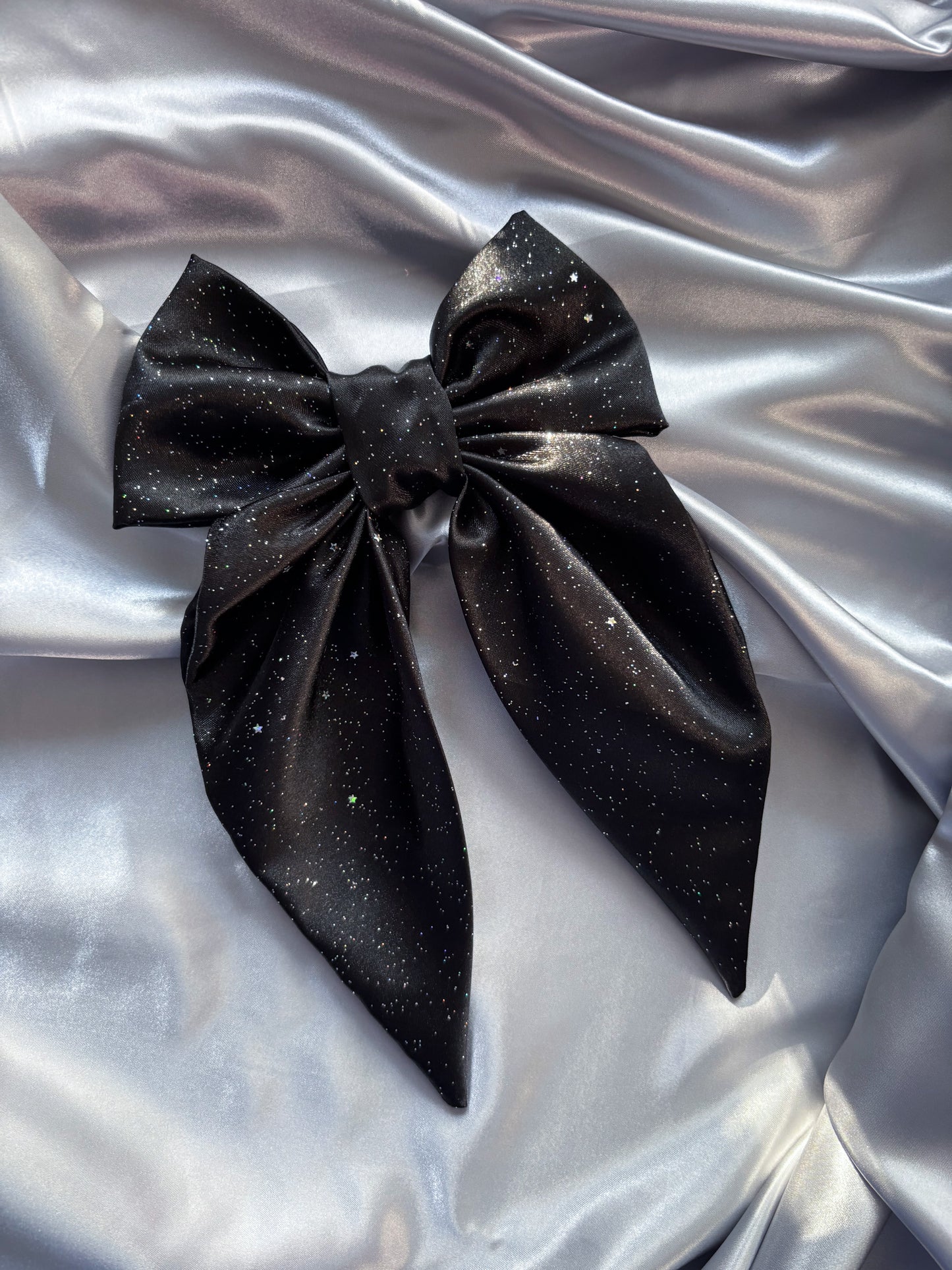 Black Satin Glitter Hair Bow (LARGE)