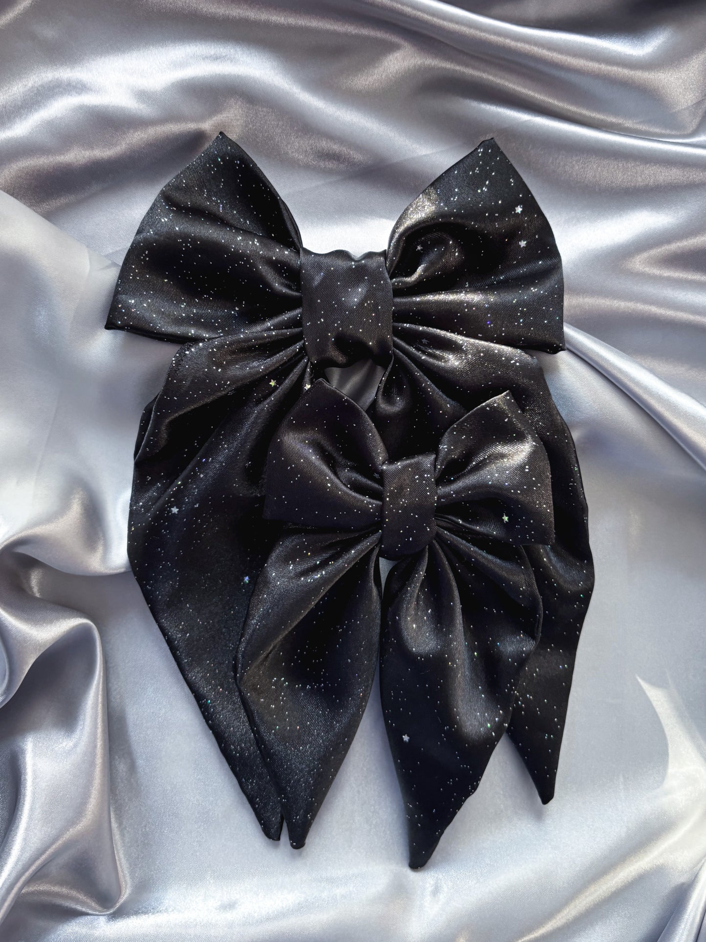 Black Satin Glitter Hair Bow (LARGE)