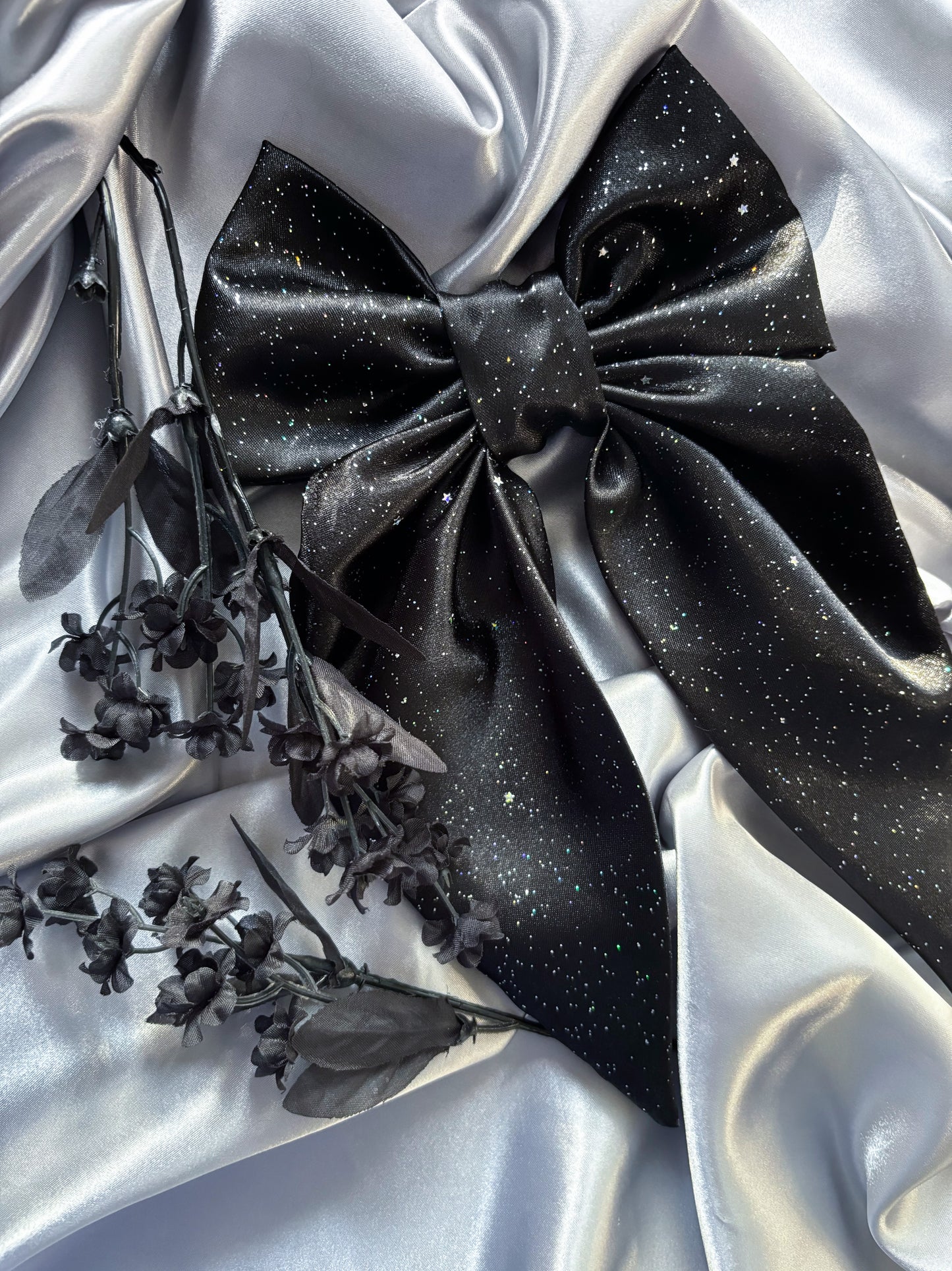 Black Satin Glitter Hair Bow (LARGE)