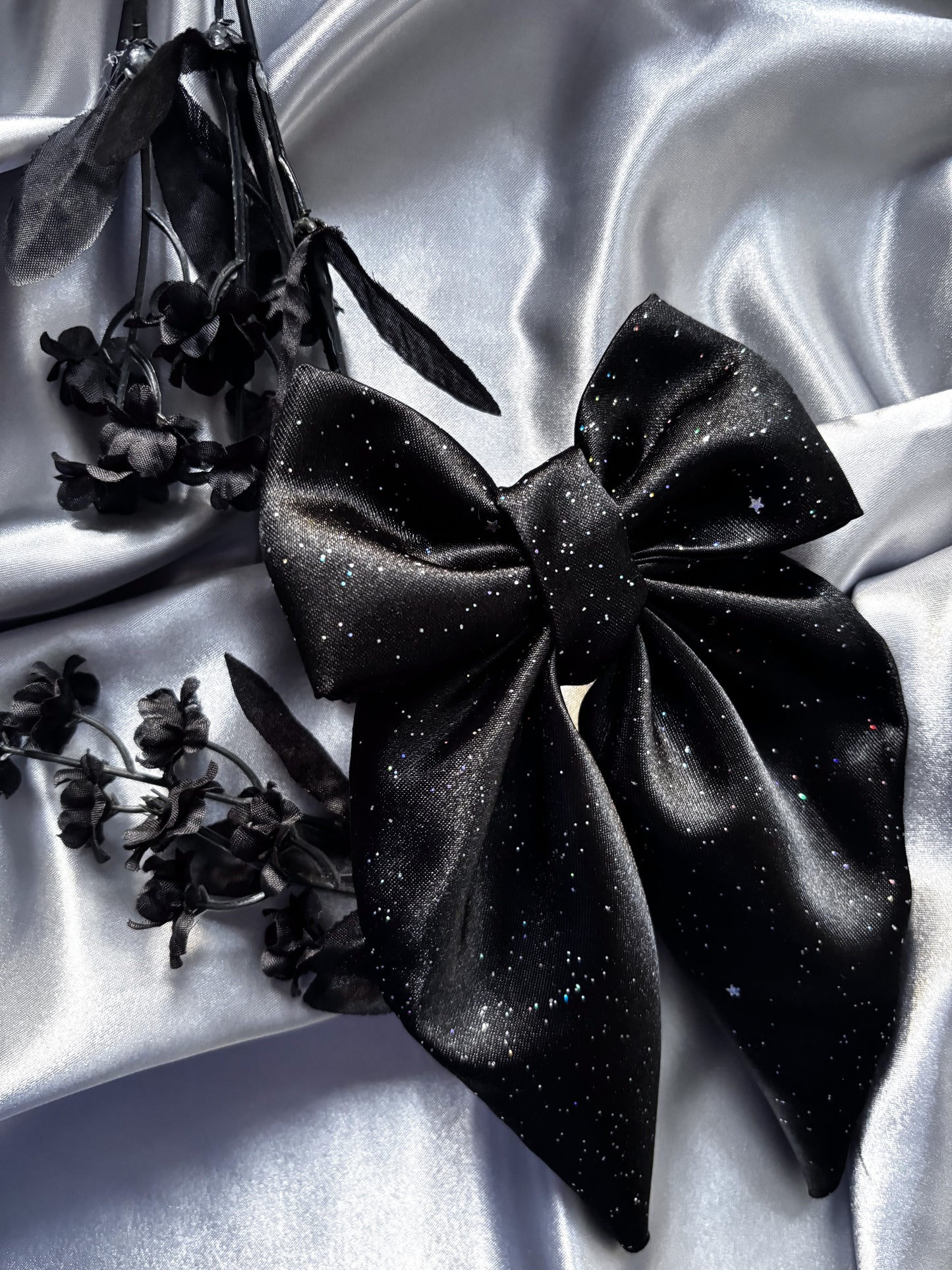 Black Glitter Satin Hair Bow (MEDIUM)