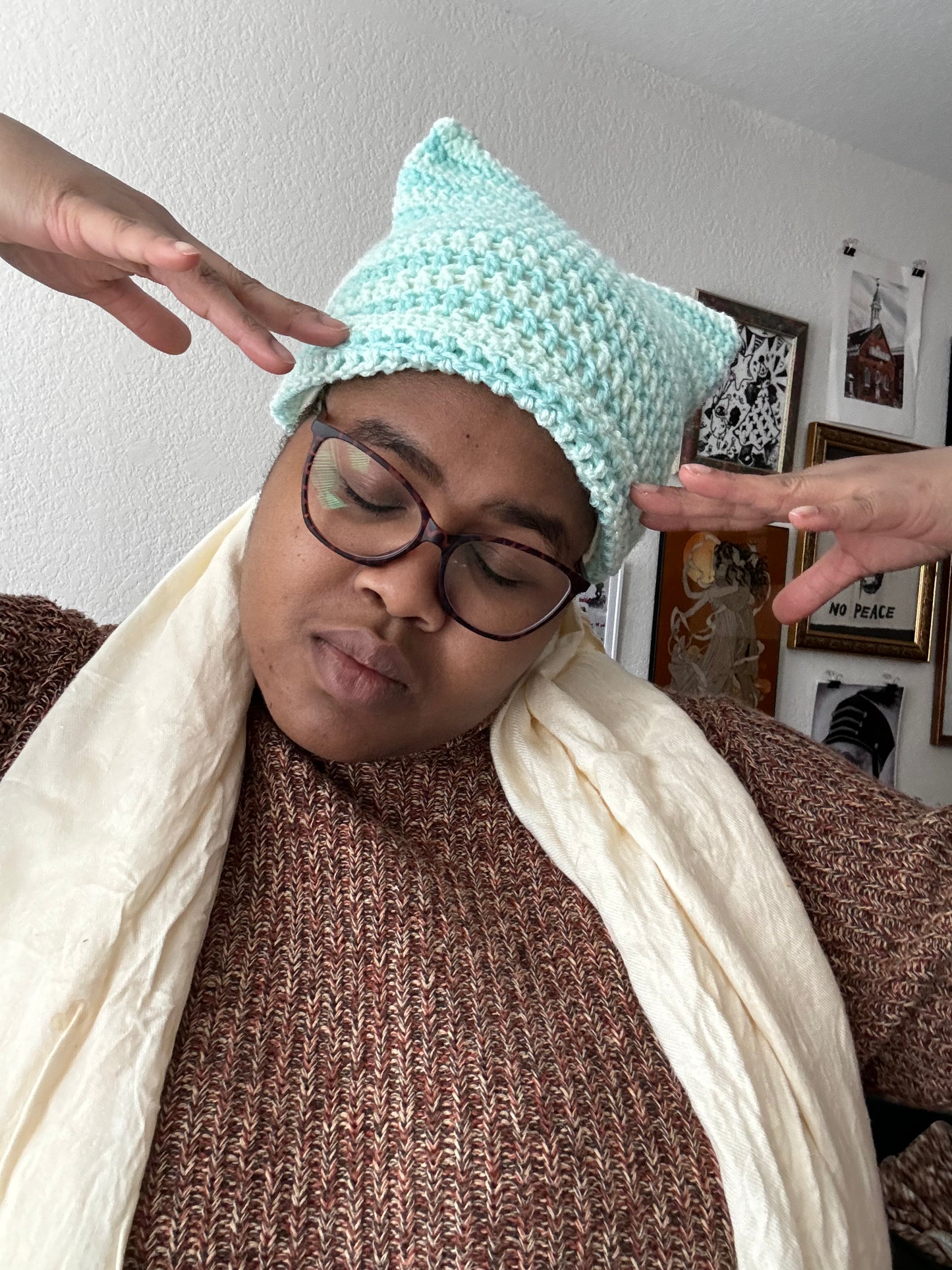 Crochet Pink Stripe Cat Ear Beanie